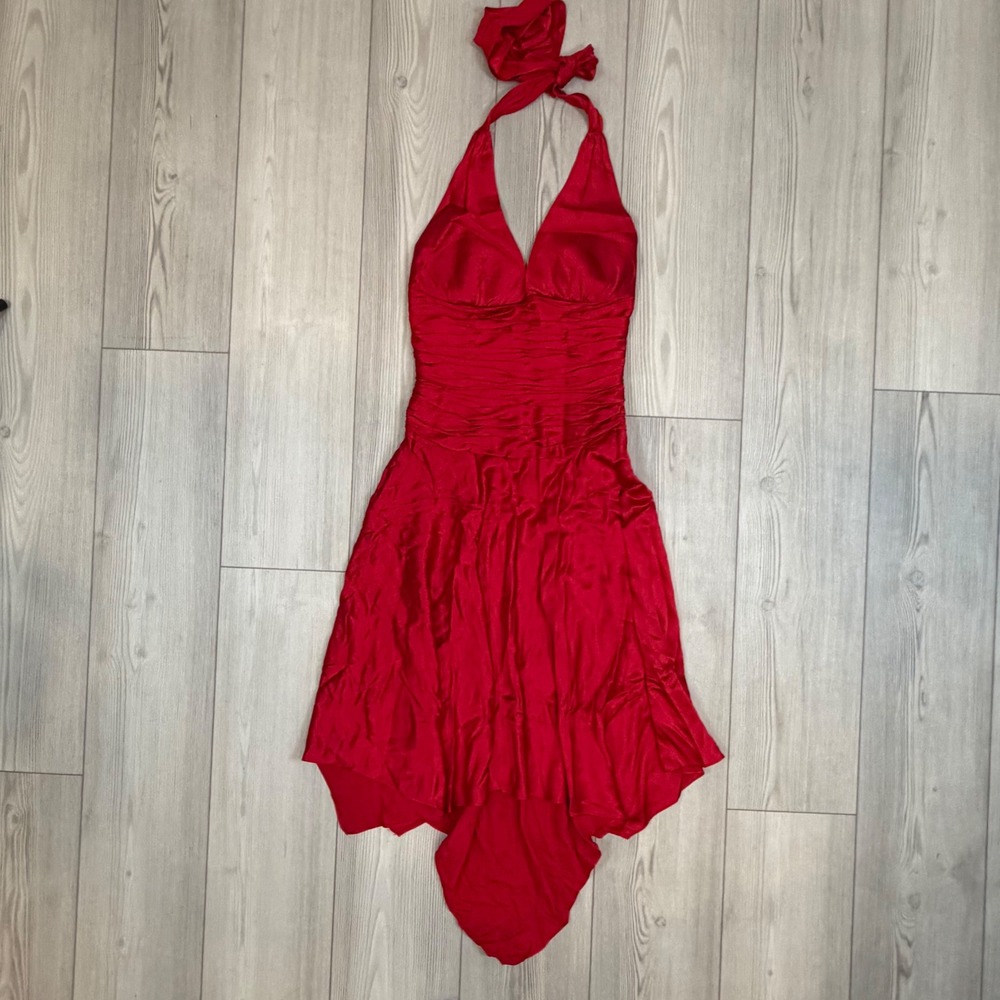 Vintage Cache Red Silk Halter Dress Ruched Handkerchief Hem Y2K Party Size 6